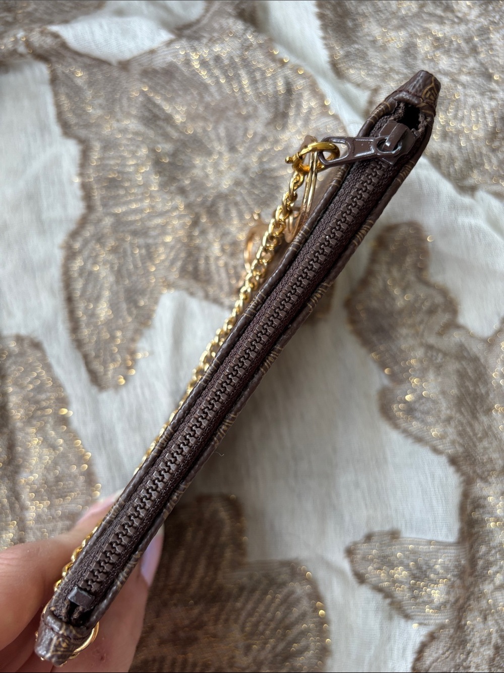 Celine Brown Logo-Print Leather Wristlet w/ Gold Tone Chain & Clover Charm - Picture 9 of 15
